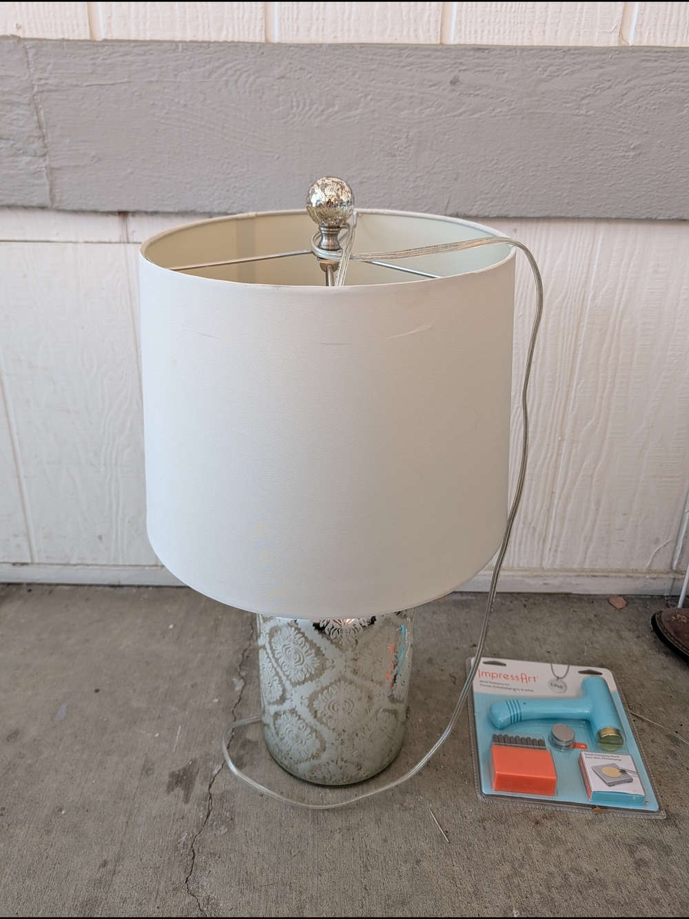 Vintage Well Kept Decorative Silver Mirrored Table Lamp with White Drum Shade